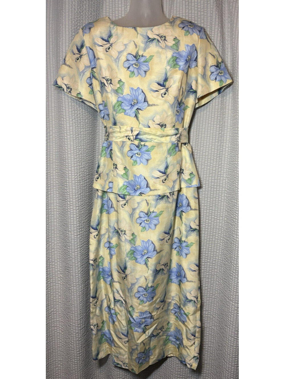 Mosaic 100% Silk Floral Peplum Sheath Dress SZ 18 Blue Yellow Cottagecore Belted